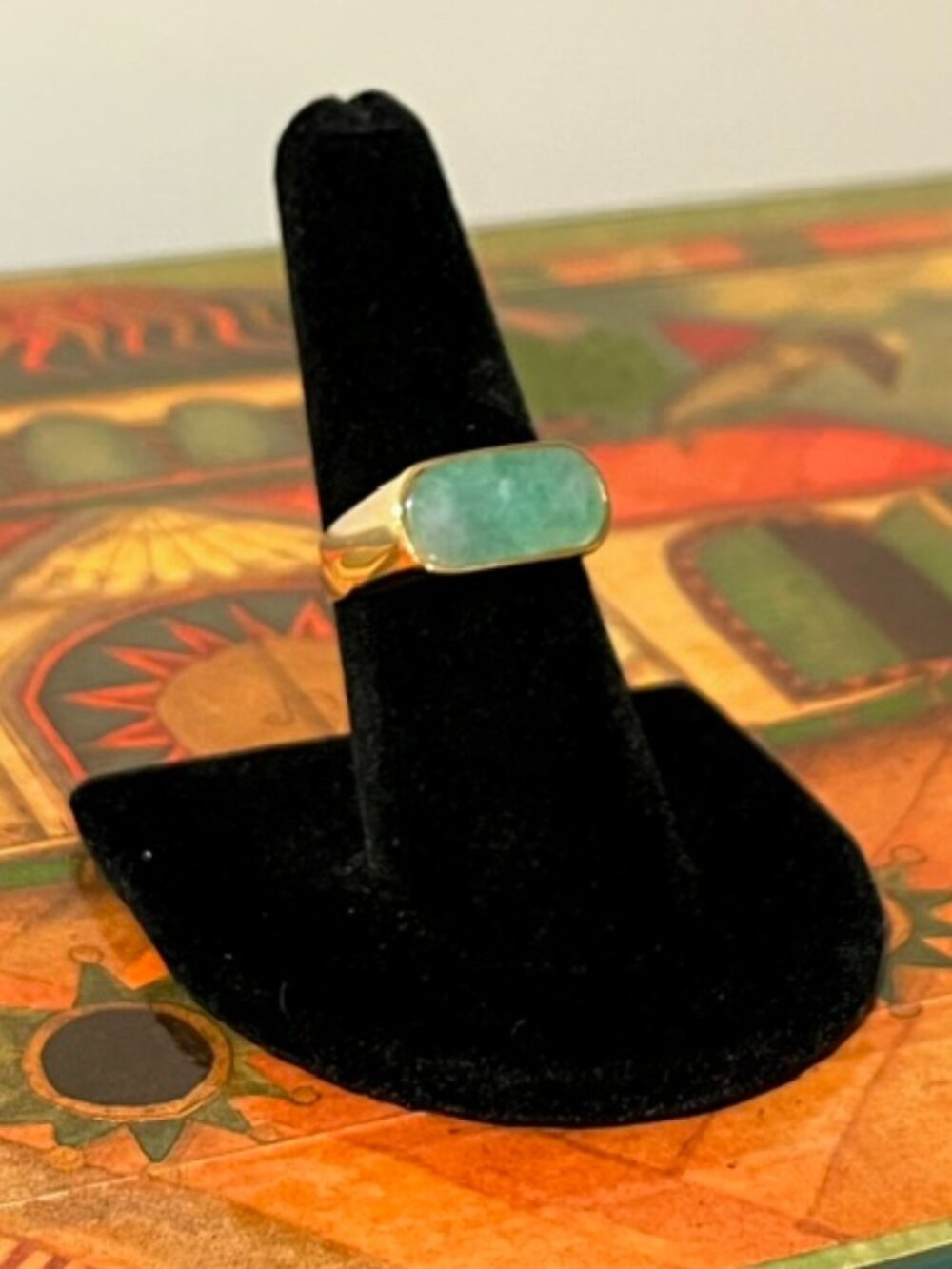 14K Solid Gold, Green Jade Ring, Size 7